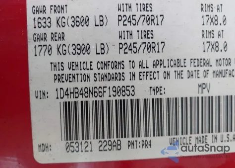 2006 Dodge Durango Slt из США, поврежденный, VIN 1D4HB48N66F190853